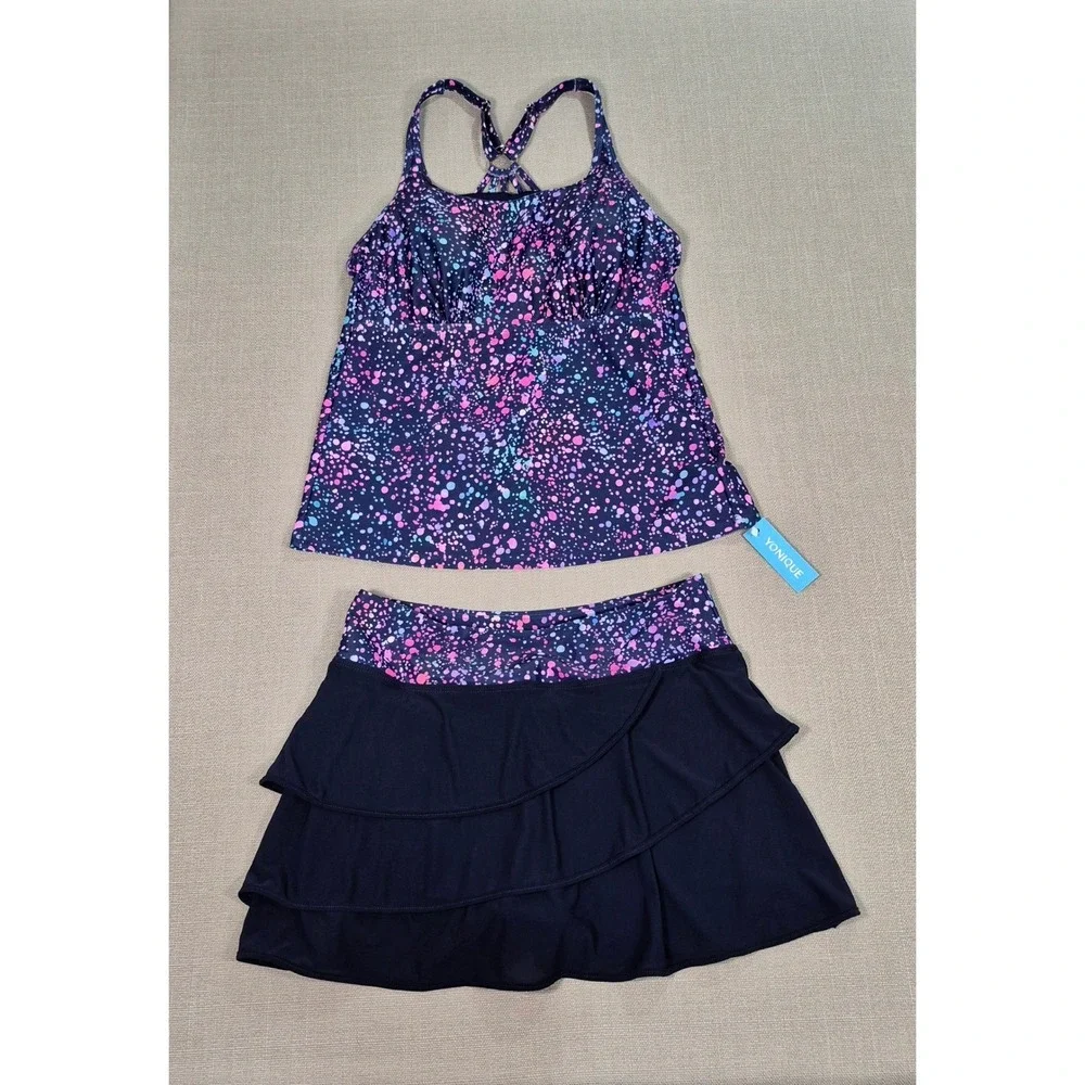 Yonique Womens Tankini Swimsuit Skirt Set Paint Splatter Navy Pink Size‎ M NWT